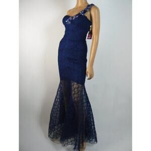 Blondie Nites Blue Lace Ruched One Shoulder Mermaid Prom Gown Dress 1 NWT B673